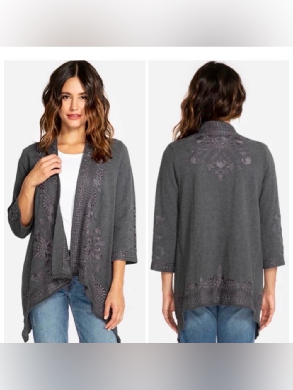 Johnny Was Delphine Embroidered Draped Knit Open Front Cardigan S